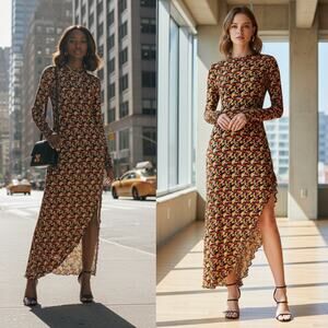 Jonathan Cohen Multi Daisy Lettuce Edge Long Dress Ditsy Floral XS SM Bloomcore